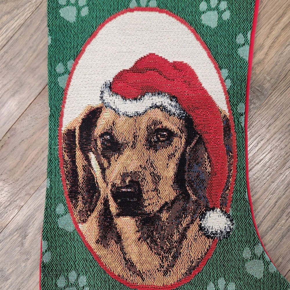 Tan Dachshund Weiner Dog Christmas Tapestry Stocking Red Green Paw Print Picken - Picture 4 of 13